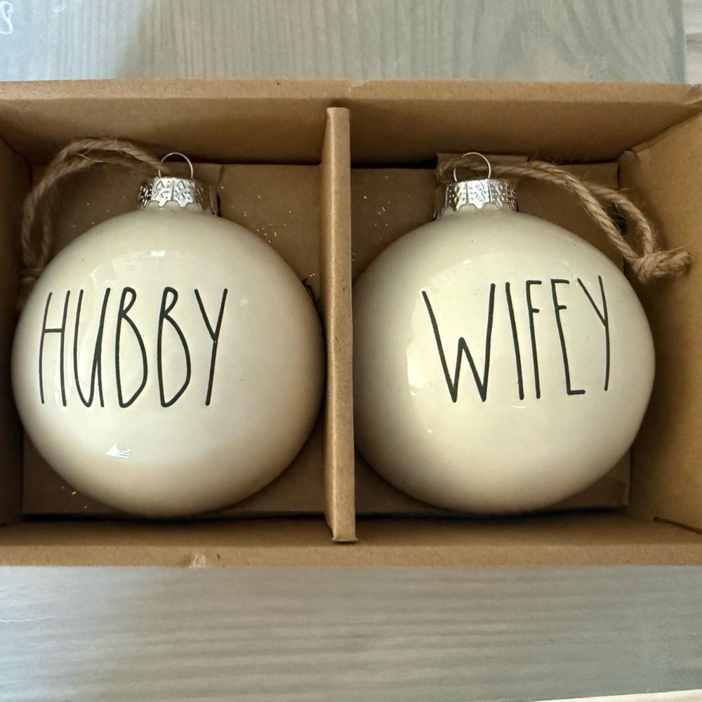 Rae Dunn Hubby Wifey Cream Ornaments
